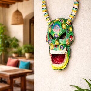 Hand Painted Guatemalan Folk Art Devil Mask Colorful Horned Skull Movable
